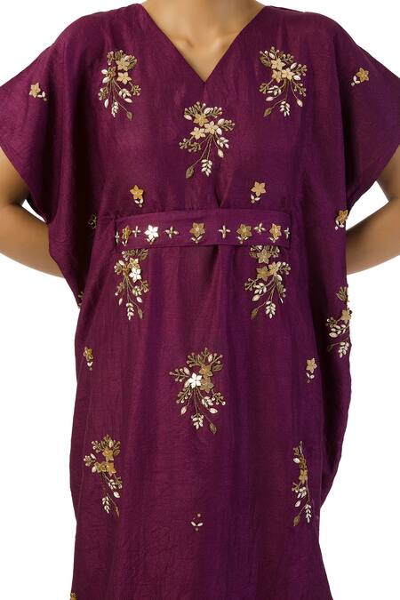 Buy Meghna Shah Wine Denim Beads, Stones V-neck Embroidered Kaftan Dress With Belt Online at Aza Fashions Buy_Meghna Shah_Wine Denim Beads, Stones V-neck Embroidered Kaftan Dress With Belt _Online_at_Aza_Fashions