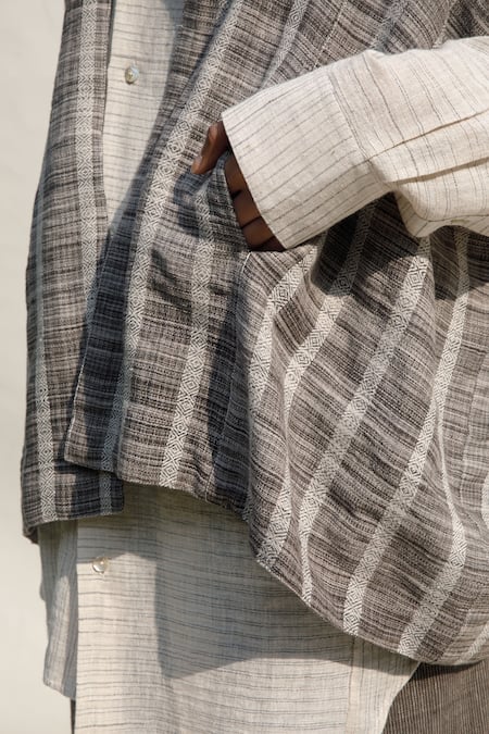 Buy_Urvashi Kaur_Grey Kota Doria Open Neck Kumo Stripe Pattern Jacket _Online_at_Aza_Fashions