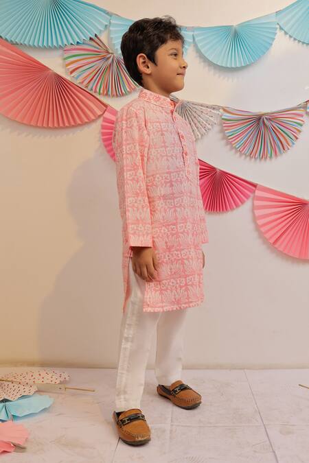 Buy Tiny Colour Peach Cotton Embroidery Candy Floral Kurta With Pyjama Online at Aza Fashions Buy_Tiny Colour_Peach Cotton Embroidery Candy Floral Kurta With Pyjama _Online_at_Aza_Fashions