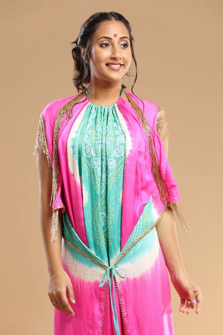 Buy_Etasha By Asha Jain_Green Silk Embroidery Bandeau Neck Bandhani Pattern Embellished Jumpsuit _Online_at_Aza_Fashions