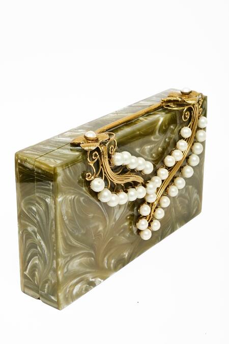 Miar Designs_Green Abstract Pattern Navyaa Resin Box Clutch_Online_at_Aza_Fashions