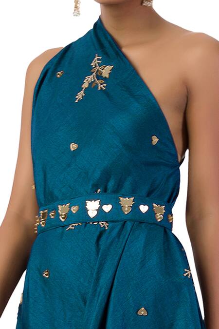 Buy_Meghna Shah_Blue Denim Beads, Sequins, Cut Work, Mirrors One Shoulder Draped Dress _Online_at_Aza_Fashions