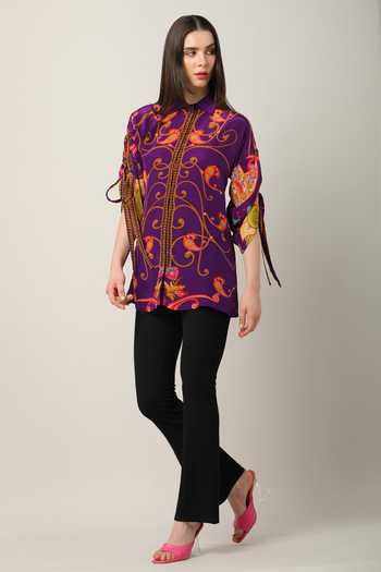 Limerick By Abirr N' Nanki_Multi Color Crepe Embroidery Collared Fern Placement Print Shirt _Online_at_Aza_Fashions