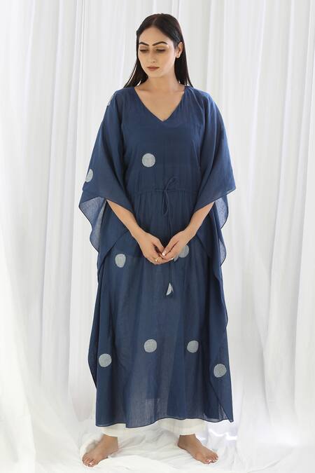 Buy_Khat_Blue V-neck Navy Polka Pattern Kaftan And Pant Set _Online_at_Aza_Fashions
