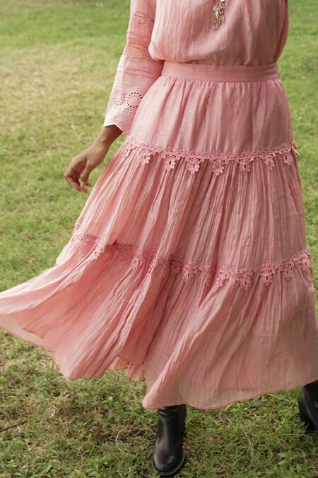 Buy_Baju_Pink 40% , 60% , Chanderi Lace Work Tally Tiered Skirt_Online_at_Aza_Fashions