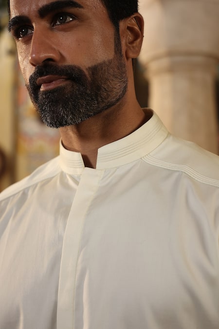 Buy_Raw & Rustic By Niti Bothra_Yellow Cotton Embroidery Mandarin Collar Straight Kurta Shirt _Online_at_Aza_Fashions