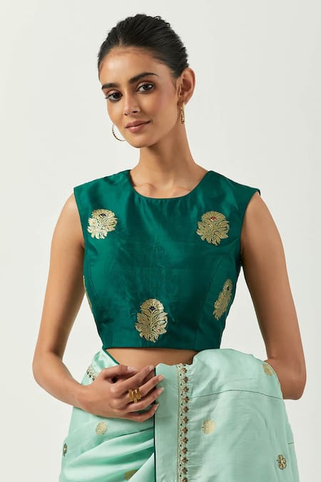 Buy Label Earthen Green Brocade Embroidery Round Neck Mehzabeen Bnarasi Butti Saree With Blouse Online at Aza Fashions Buy_Label Earthen_Green Brocade Embroidery Round Neck Mehzabeen Bnarasi Butti Saree With Blouse _Online_at_Aza_Fashions