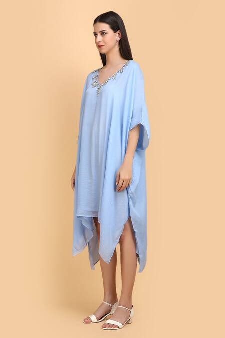 Buy_Label Ivish_Blue Silk, Chiffon Diamonds V-neck Embroidered Kaftan _Online_at_Aza_Fashions