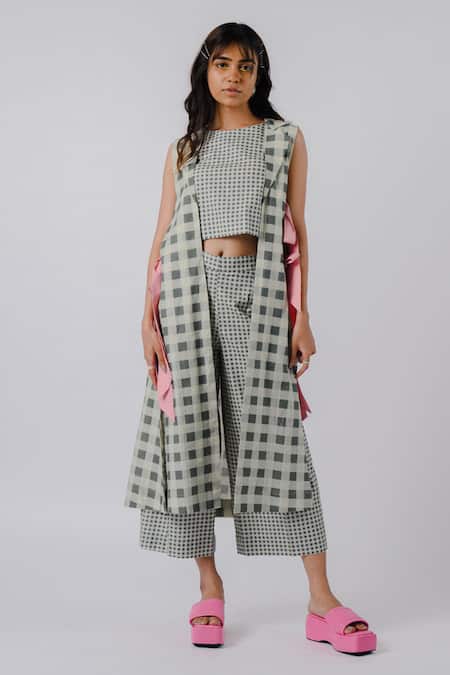 Tussah By Siddhi Shah_Black Cotton Bows Round Neck Chequered Pattern Jacket _Online_at_Aza_Fashions