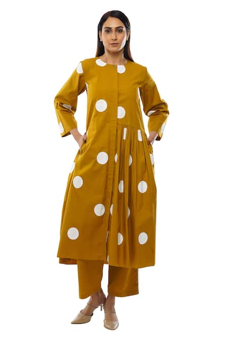 Shop_Khat_Yellow Cotton Round Neck Polka Dot Pattern Dress _Online_at_Aza_Fashions