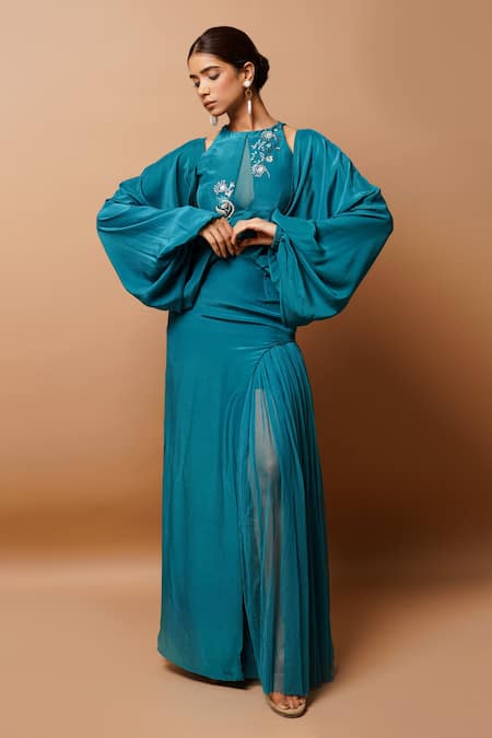 Buy Ahi Clothing Blue Crepe, Net Zari, Cut Work, Embroidery Halter Long Gown With Hand Bustier Online at Aza Fashions Buy_Ahi Clothing_Blue Crepe, Net Zari, Cut Work, Embroidery Halter Long Gown With Hand Bustier _Online_at_Aza_Fashions