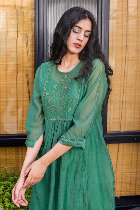 Buy_Tatwa_Green Chanderi, Viscose Embroidery Round Neck Handloom Dress _Online_at_Aza_Fashions