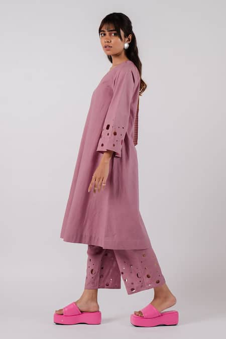 Buy_Tussah By Siddhi Shah_Purple Cotton Cut-work Circle V Cut Work Bell Sleeve Kurta With Pant  _Online_at_Aza_Fashions