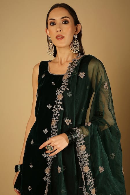 Monk & Mei By Sonia Anand_Emerald Green Velvet, Georgette, Organza Embroidery, Cyra Kurta Sharara Set _at_Aza_Fashions