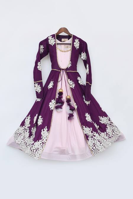 Buy_Fayon Kids_Pink Cotton Embroidery, Sequins Floral Jacket With Anarkali _Online_at_Aza_Fashions