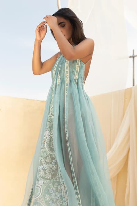 Megha Bansal Blue Silk Organza Sequin And Beads Work, Zardozi Almora Embroidered Panelled With Online at Aza Fashions Megha Bansal_Blue Silk Organza Sequin And Beads Work, Zardozi Almora Embroidered Panelled With _Online_at_Aza_Fashions