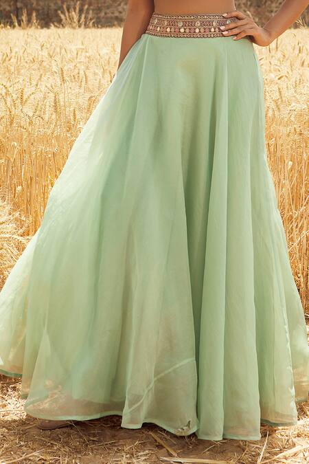 Buy Ridhima Bhasin Green Organza V Neck Blouse And Lehenga Set Online at Aza Fashions Buy_Ridhima Bhasin_Green Organza V Neck Blouse And Lehenga Set _Online_at_Aza_Fashions