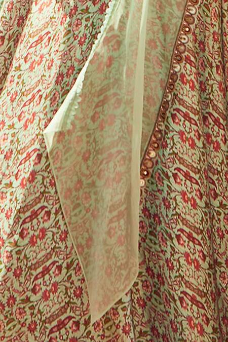 Shop Ridhima Bhasin Green Organza, Satin V Neck Floral Print Lehenga Set Online at Aza Fashions Shop_Ridhima Bhasin_Green Organza, Satin V Neck Floral Print Lehenga Set _Online_at_Aza_Fashions