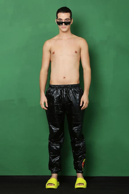 Shop_I Am Trouble By KC_Black Holographic Quilted Joggers_Online_at_Aza_Fashions