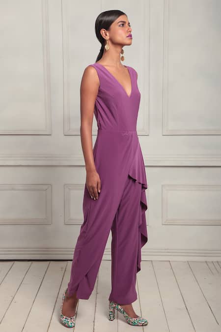 Shop_Couché By Anandini_Purple Poplin Embroidery V-neck Punto Draped Jumpsuit _Online_at_Aza_Fashions