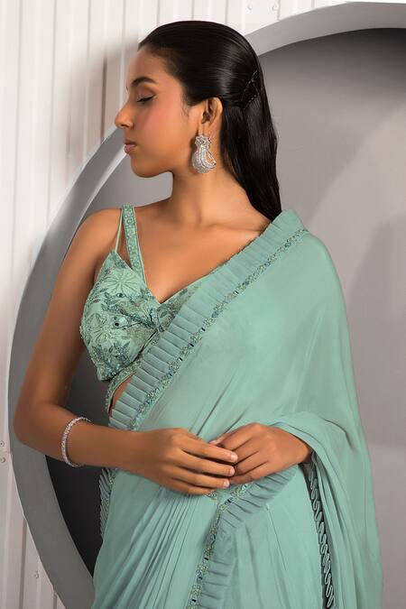 Jade By Ashima_Green Georgette, Crepe Embroidery Plunge Neck Floral Pre-draped Saree _Online_at_Aza_Fashions