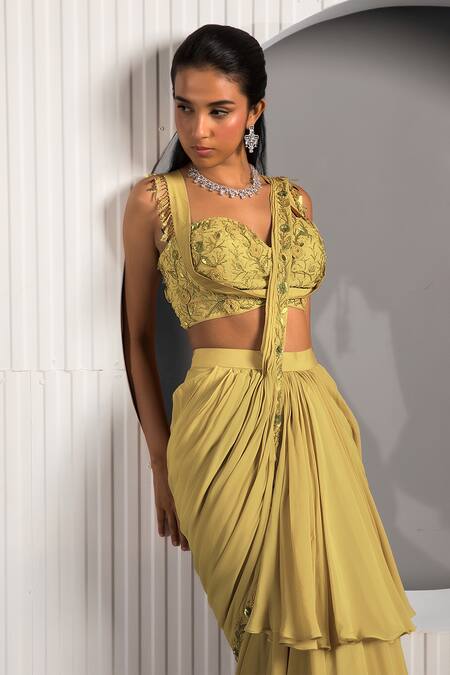 Shop_Jade By Ashima_Gold Crepe Embroidery Sweetheart Neck Pre-draped Ruffle Tiered Saree With Blouse _Online_at_Aza_Fashions