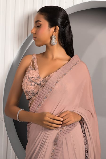Jade By Ashima Pink Georgette, Crepe Embroidery Plunge Pre-draped Saree With Floral Blouse Online at Aza Fashions Jade By Ashima_Pink Georgette, Crepe Embroidery Plunge Pre-draped Saree With Floral Blouse _Online_at_Aza_Fashions