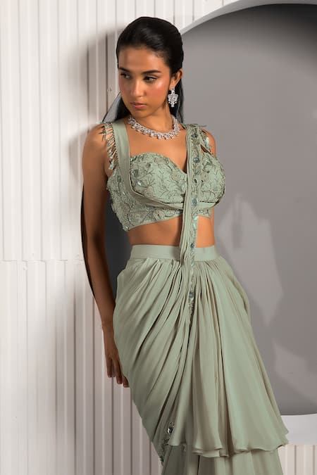 Shop_Jade By Ashima_Green Crepe Tassels, Embroidery Pre-draped Ruffle Saree With Ophelia Blouse _Online_at_Aza_Fashions