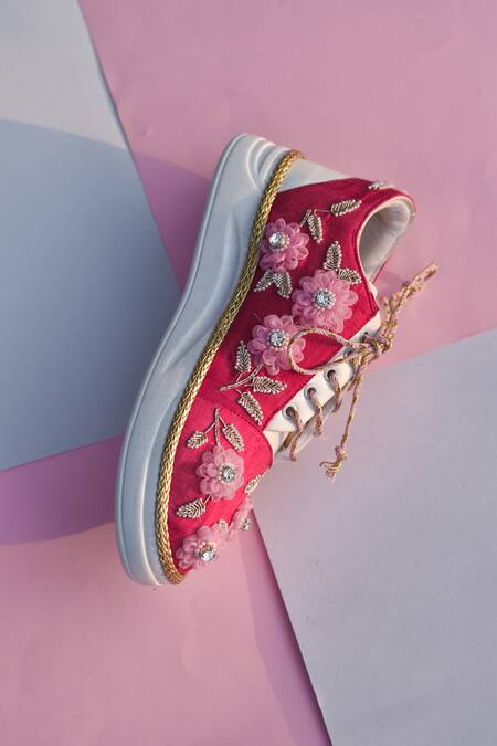 Buy Around Always Pink Carina Floral Bead Embroidered Sneakers Online at Aza Fashions Buy_Around Always_Pink Carina Floral Bead Embroidered Sneakers _Online_at_Aza_Fashions