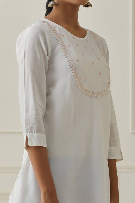 Shop_Kamaltaas_Off White Chanderi Silk, Cotton Embroidery, Piping Hand A-line Kurta And Pant Set_Online_at_Aza_Fashions