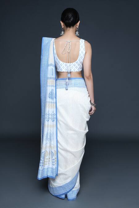 Buy Sanjev Marwaaha Ivory Chanderi Printed Geometric U Neck Conventional Block Saree With Blouse Online at Aza Fashions Buy_Sanjev Marwaaha_Ivory Chanderi Printed Geometric U Neck Conventional Block Saree With Blouse_Online_at_Aza_Fashions