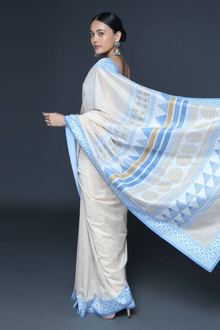 Buy_Sanjev Marwaaha_Beige Chanderi Printed Geometric U Neck Block Saree_Online_at_Aza_Fashions
