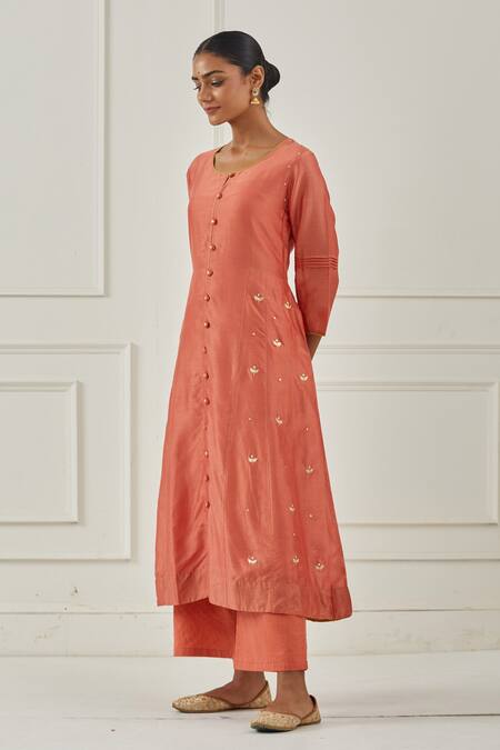 Shop Kamaltaas Orange Chanderi Silk, Cotton, Lurex Embroidery Side-kalidar Anarkali Pant Set Online at Aza Fashions Shop_Kamaltaas_Orange Chanderi Silk, Cotton, Lurex Embroidery Side-kalidar Anarkali Pant Set_Online_at_Aza_Fashions