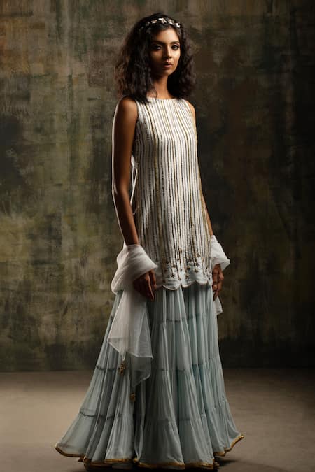 Buy_Mona And Vishu_Blue Kurta  Dupion Silk Sharara  Georgette Dupatta  Tulle Embroidered Set _Online_at_Aza_Fashions