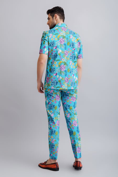 Shop_Nautanky_Blue 100% Fine Cotton Floral Print Safari Shirt And Pant Set _at_Aza_Fashions
