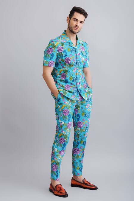 Nautanky_Blue 100% Fine Cotton Floral Print Safari Shirt And Pant Set _Online_at_Aza_Fashions