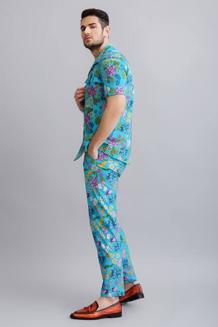 Shop_Nautanky_Blue 100% Fine Cotton Floral Print Safari Shirt And Pant Set _Online_at_Aza_Fashions