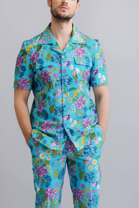 Nautanky Blue 100% Fine Cotton Floral Print Safari Shirt And Pant Set at Aza Fashions Nautanky_Blue 100% Fine Cotton Floral Print Safari Shirt And Pant Set _at_Aza_Fashions