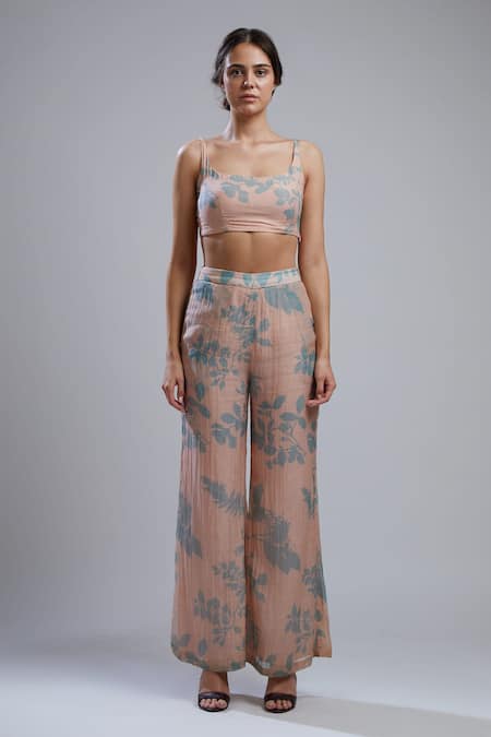 Shop_Koai_Peach Cotton Chanderi Silk Scoop Neck Floral Print Crop Top_Online_at_Aza_Fashions