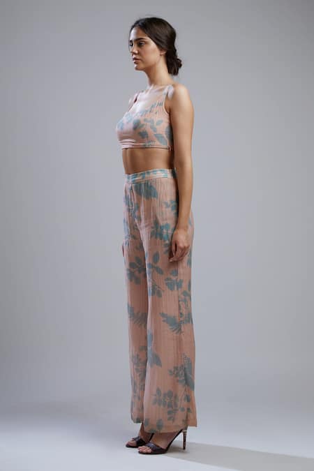 Koai_Peach Cotton Chanderi Silk Scoop Neck Floral Print Crop Top_Online_at_Aza_Fashions