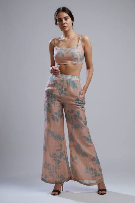 Buy_Koai_Peach Cotton Chanderi Silk Scoop Neck Floral Print Crop Top_Online_at_Aza_Fashions