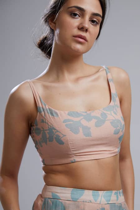 Koai_Peach Cotton Chanderi Silk Scoop Neck Floral Print Crop Top_at_Aza_Fashions