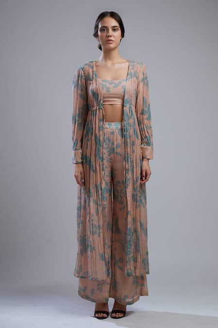 Shop_Koai_Peach Cotton Chanderi Silk Floral Print Cape _Online_at_Aza_Fashions