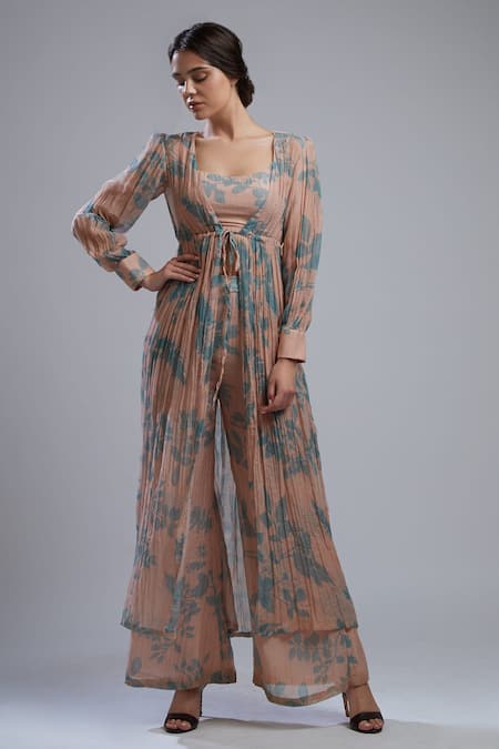 Koai Peach Cotton Chanderi Silk Floral Print Cape