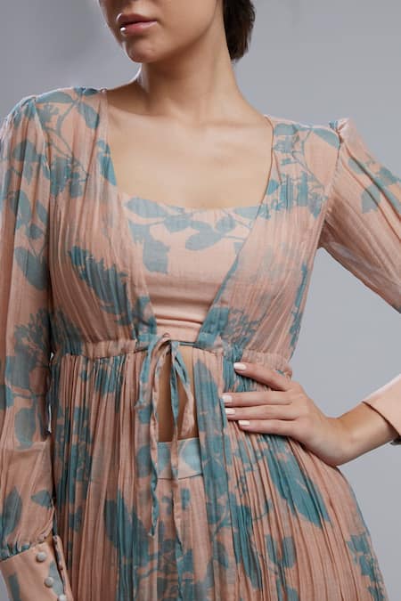 Koai_Peach Cotton Chanderi Silk Floral Print Cape _at_Aza_Fashions