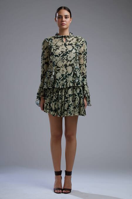 Koai Beige Chiffon Floral Print Flared Skirt Online at Aza Fashions Koai_Beige Chiffon Floral Print Flared Skirt_Online_at_Aza_Fashions