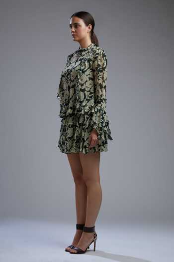 Shop Koai Green Chiffon Round Floral Print Ruffle Blouse Online at Aza Fashions Shop_Koai_Green Chiffon Round Floral Print Ruffle Blouse_Online_at_Aza_Fashions