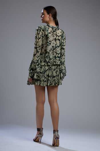 Shop Koai Green Chiffon Round Floral Print Ruffle Blouse at Aza Fashions Shop_Koai_Green Chiffon Round Floral Print Ruffle Blouse_at_Aza_Fashions