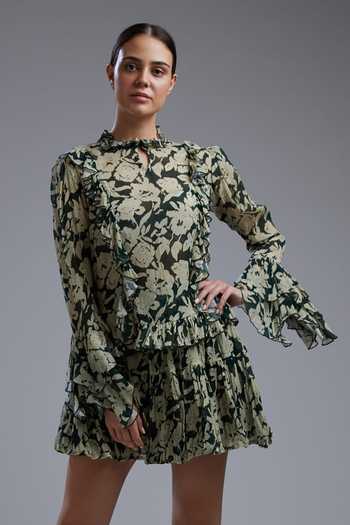 Buy Koai Green Chiffon Round Floral Print Ruffle Blouse at Aza Fashions Buy_Koai_Green Chiffon Round Floral Print Ruffle Blouse_at_Aza_Fashions