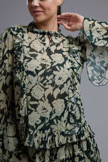 Koai Green Chiffon Round Floral Print Ruffle Blouse at Aza Fashions Koai_Green Chiffon Round Floral Print Ruffle Blouse_at_Aza_Fashions